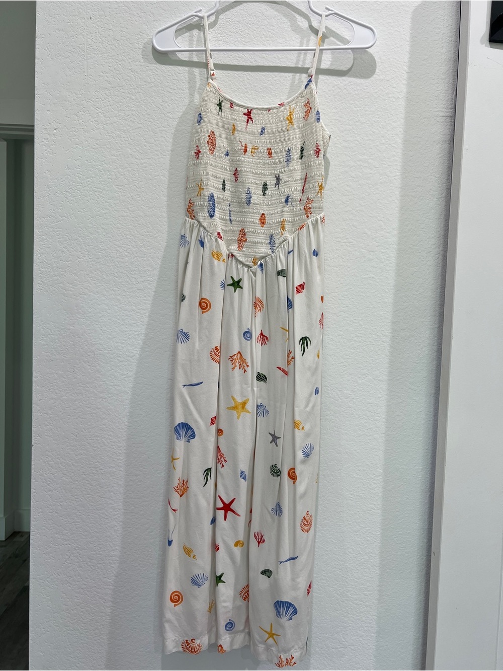 a new day White Smocked Dress with Multicolor Seashell Print
